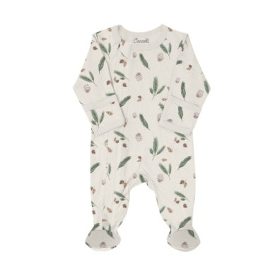 Coccoli Baby Modal Zipper Footie - Pine Cones on Oat Milk