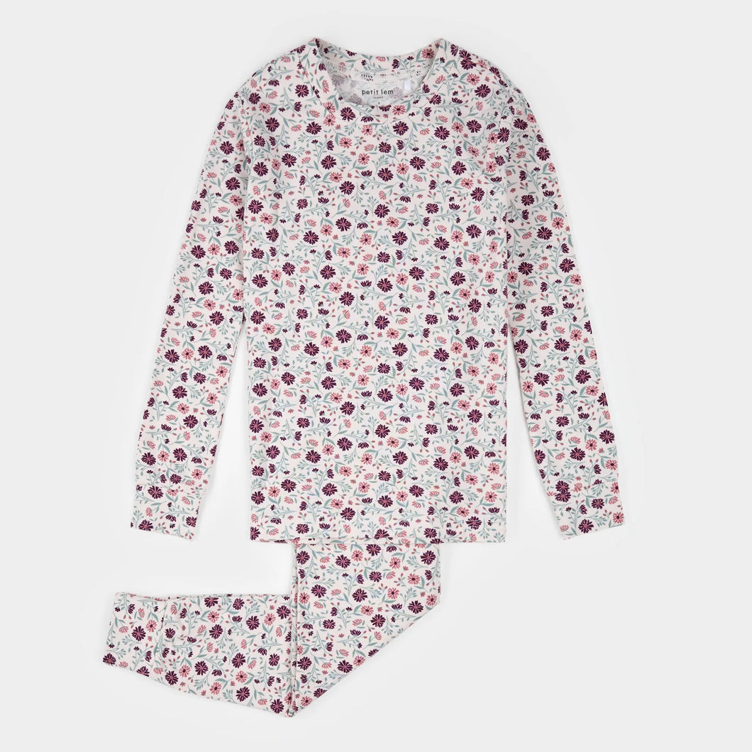 Petit Lem Girls Poppy Floral Beige Modal Jersey PJ Set