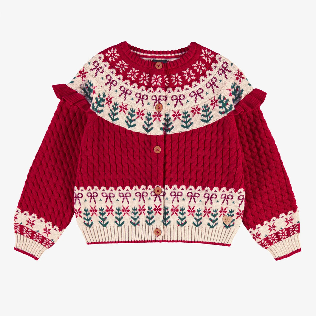 Souris Mini Girls Festive Knit Cardigan - Red