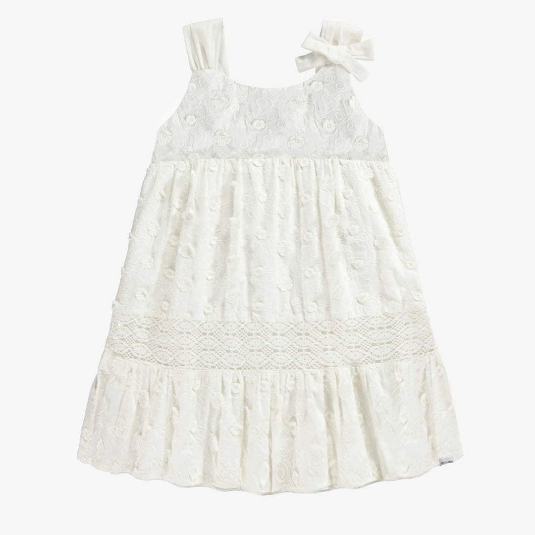Souris Mini Girls Large Strap Embroidered Cotton Dress - White