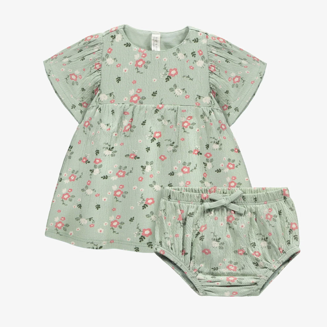 Souris Mini Baby Girls Organic Jersey Short Sleeve Dress & Bloomer - Flowery Light Green