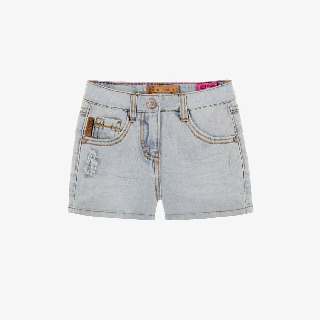 Souris Mini Girls Denim Shorts w/Faded Effect & Embroidery - Pale Blue Denim