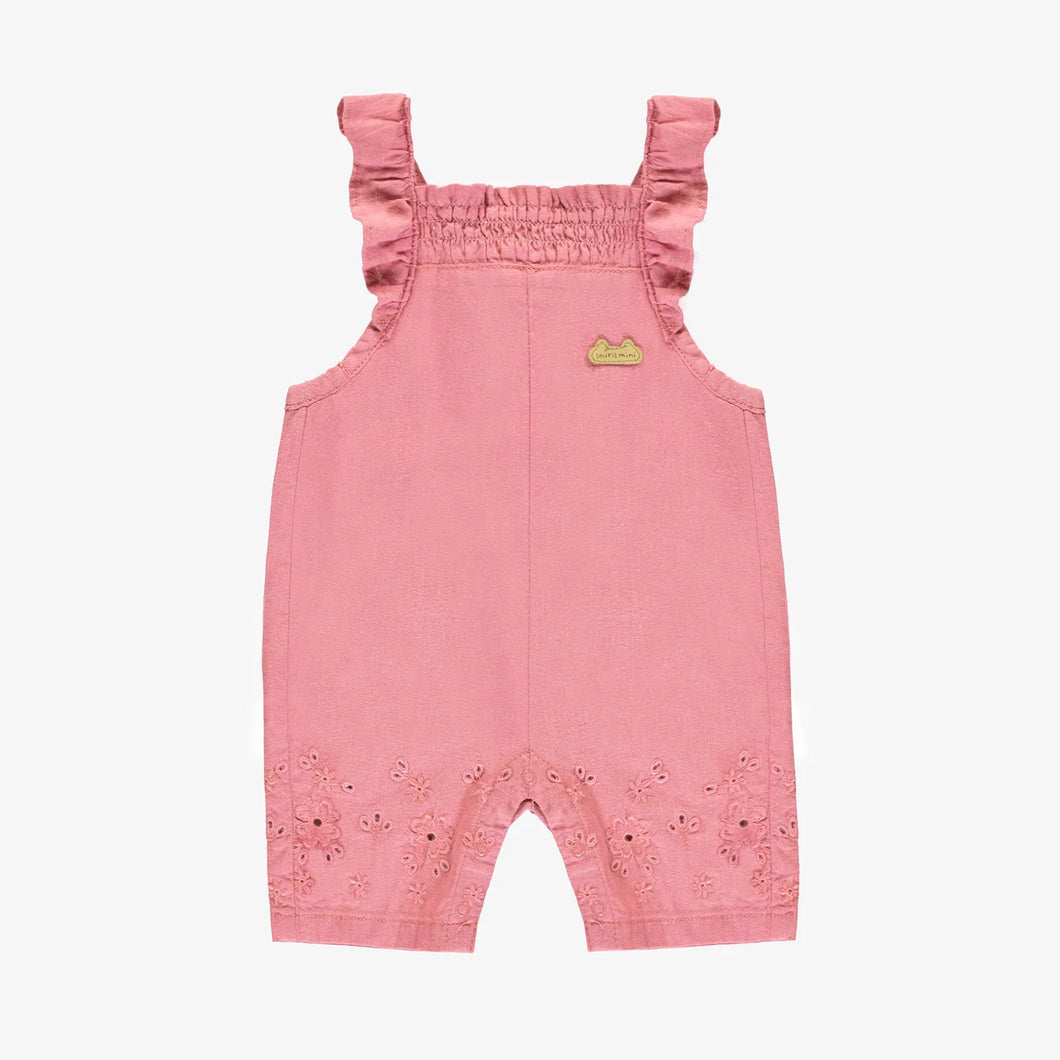 Souris Mini Baby Girls Overalls w/Rufffled Straps & Embroidery - Pink
