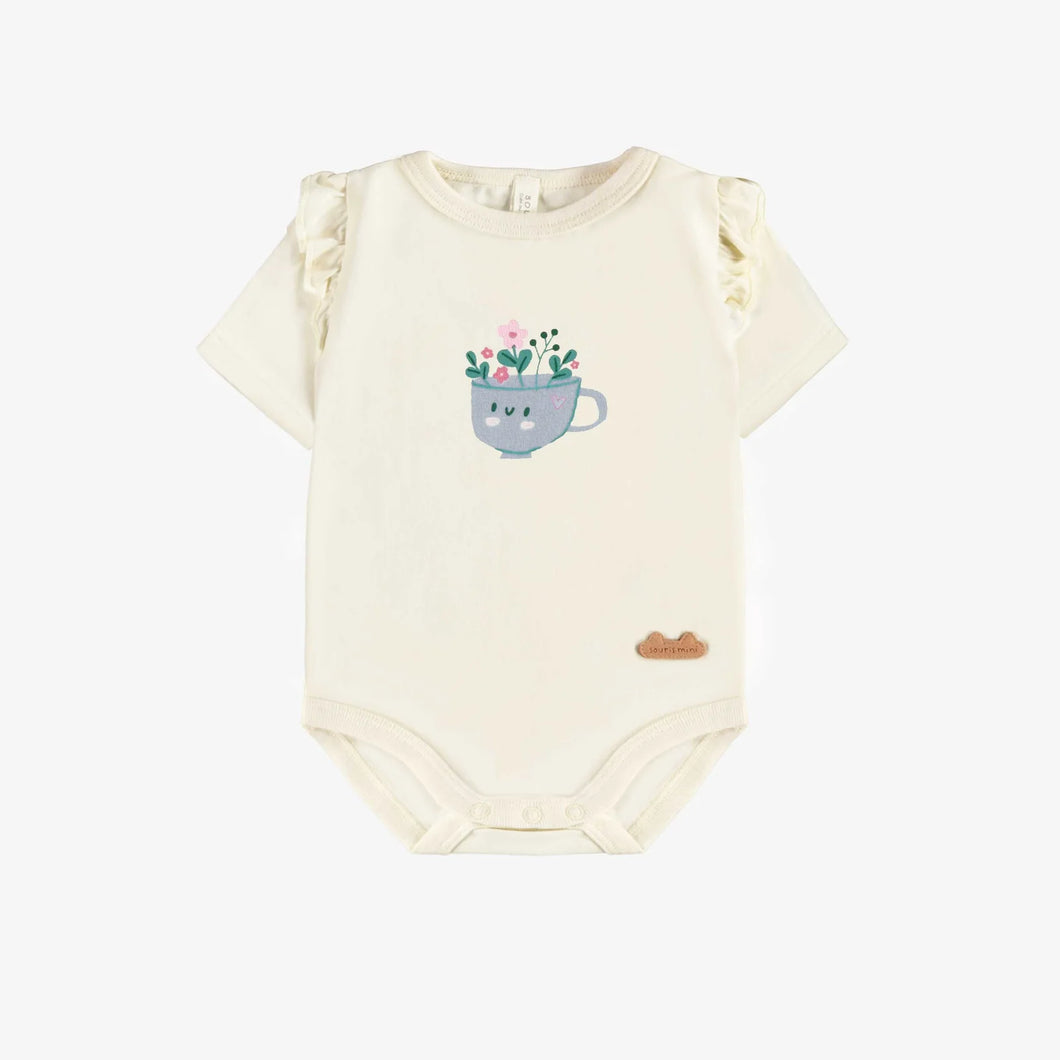 Souris Mini Baby Girls Bodysuit w/Smiling Cup - Cream