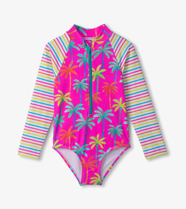 Hatley Girls Printed Palms Long Sleeve Rashguard Swimsuit