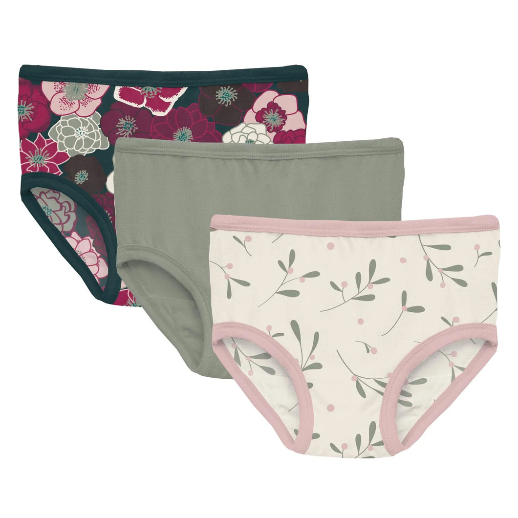 Kickee Pants Girls Print Underwear Set of 3 - Hellebores, Silver Sage, Natural Mistletoe