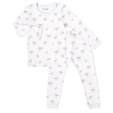 Coccoli Girls Long Sleeve Cotton-Modal Pajama Set - Bows on Cream