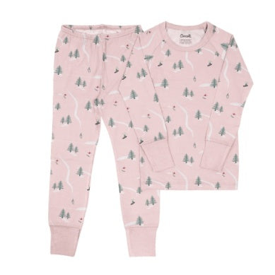 Coccoli Girls Long Sleeve Modal Pajama Set - Ski on Pink