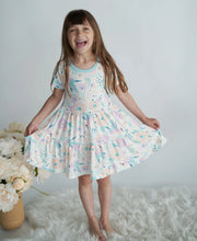 Load image into Gallery viewer, Silkberry Girls Bamboo Tiered Jersey Dress with Bloomer - Hummingbird Garden Print
