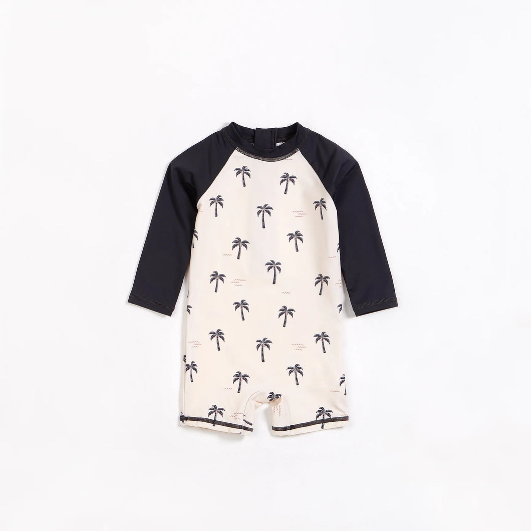 Petit Lem Baby Palm Trees on Crème Long Sleeve Swim Romper