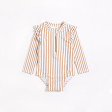 Load image into Gallery viewer, Petit Lem Girls Taupe Striped Long Sleeve One-Piece Swimsuit

