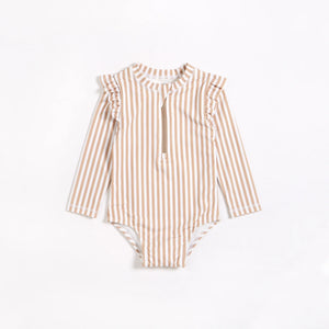 Petit Lem Girls Taupe Striped Long Sleeve One-Piece Swimsuit