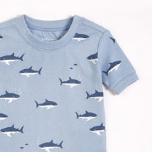 Load image into Gallery viewer, Petit Lem Boys Sharks Print on Barely Blue Short Sleeved PJ Set
