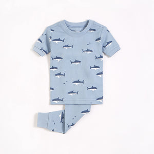 Petit Lem Boys Sharks Print on Barely Blue Short Sleeved PJ Set