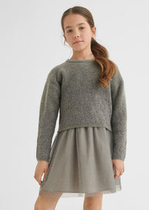 Mayoral Girls Knit & Tulle Dress - Titanium