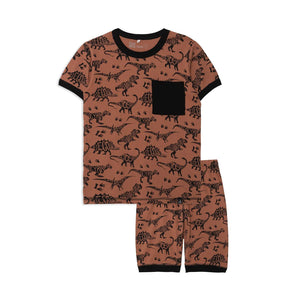deux par deux Boys Organic Cotton 2PC Short Pajama Set - Chocolate Dinosaur Print