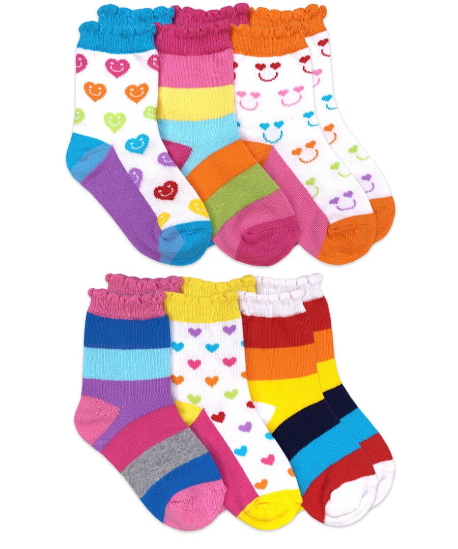 Jefferies Socks Girls Rainbow Stripes Hearts Smiley Faces Crew Socks - 6 Pack