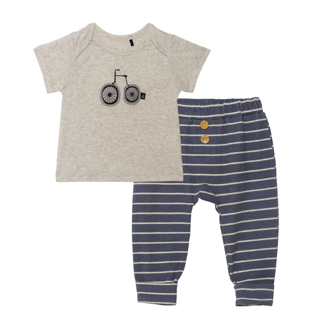 deux par deux Baby Boys Organic Cotton Top and Stripe Pant Set Blue and Oatmeal